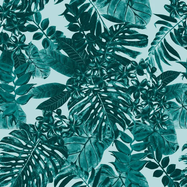 夏威夷植物无缝图案 水彩斑斓的热带叶和花 异国情调的Plumeria和Heliconia 色彩艳丽的手绘插图 热带夏季印刷品 — 图库照片