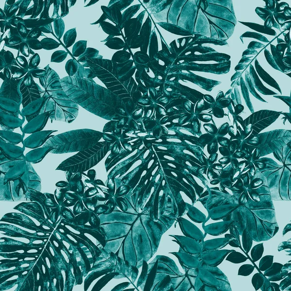 Hawaiian floral seamless pattern with watercolor tropical leaves and flowers. Exotic Plumeria and Heliconia. Colorful hand drawn illustration. Tropical summer print.