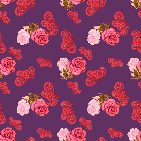 Patrón Sin Costuras Acuarela Con Rosas Corazones Decorativos Hermosa Impresión —  Fotos de Stock