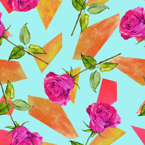 Padrão Sem Costura Floral Com Rosas Aquarela Sobre Fundo Geométrico — Fotografia de Stock