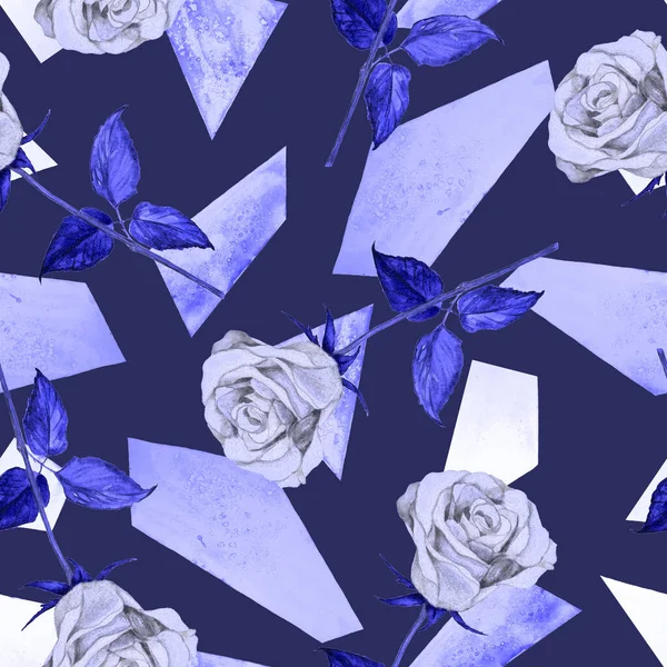 幾何学的な背景に水彩のバラと花のシームレスなパターン 表面設計のための手描きイラスト — ストック写真