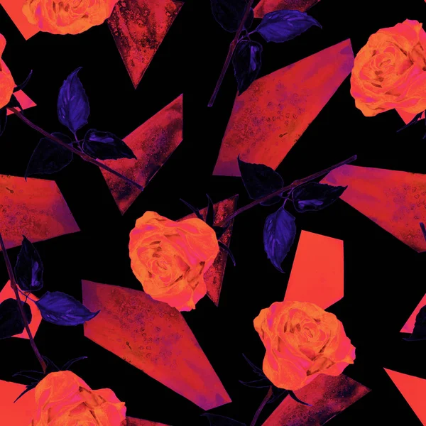 Floral Απρόσκοπτη Μοτίβο Νερομπογιές Τριαντάφυλλα Γεωμετρικό Φόντο Χειροποίητη Απεικόνιση Για — Φωτογραφία Αρχείου