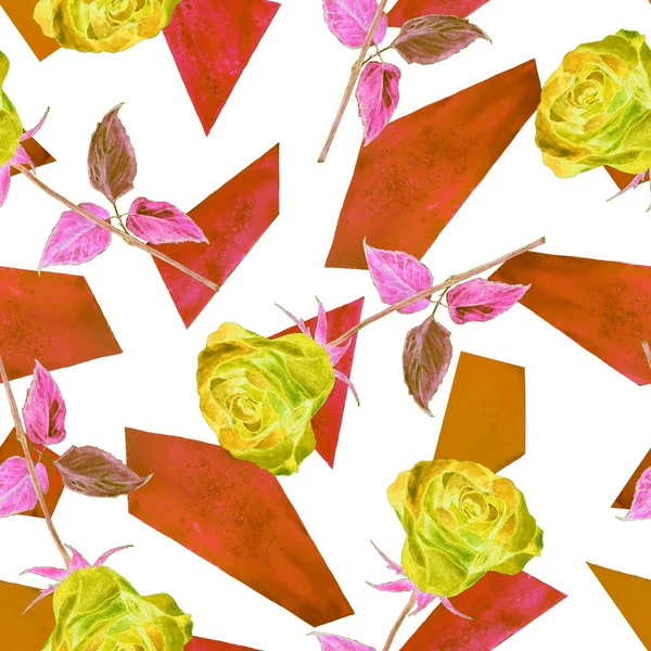 幾何学的な背景に水彩のバラと花のシームレスなパターン 表面設計のための手描きイラスト — ストック写真