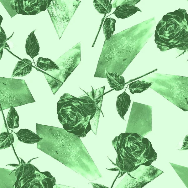 Patrón Sin Costura Floral Con Rosas Acuarela Sobre Fondo Geométrico —  Fotos de Stock