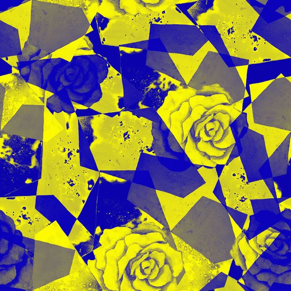 Padrão Sem Costura Aquarela Abstrato Com Rosas Sobre Fundo Geométrico — Fotografia de Stock