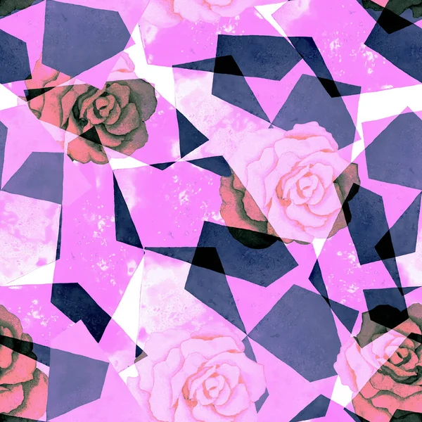 幾何学的背景にバラと抽象水彩シームレスパターン 現代風の作品 Print — ストック写真