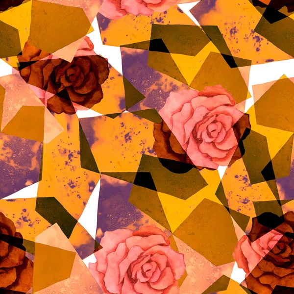 Patrón Sin Costura Acuarela Abstracta Con Rosas Sobre Fondo Geométrico —  Fotos de Stock