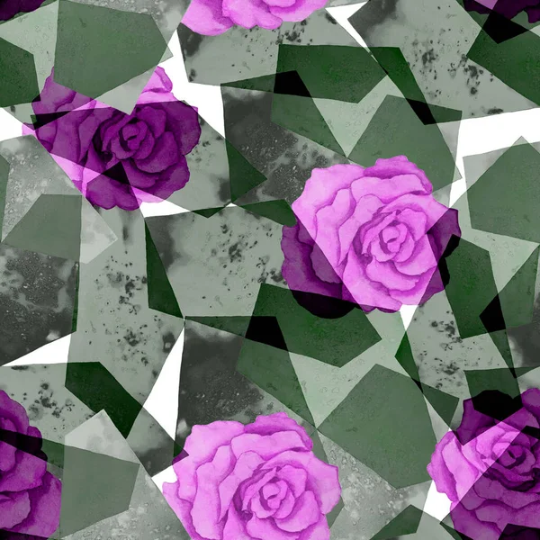 Padrão Sem Costura Aquarela Abstrato Com Rosas Sobre Fundo Geométrico — Fotografia de Stock