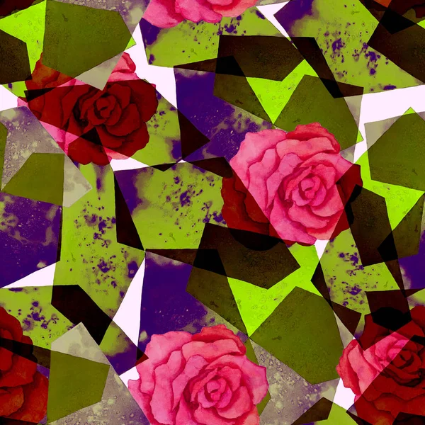 Абстрактный Акварельный Бесшовный Рисунок Розами Геометрическом Фоне Произведения Искусства Современном — стоковое фото