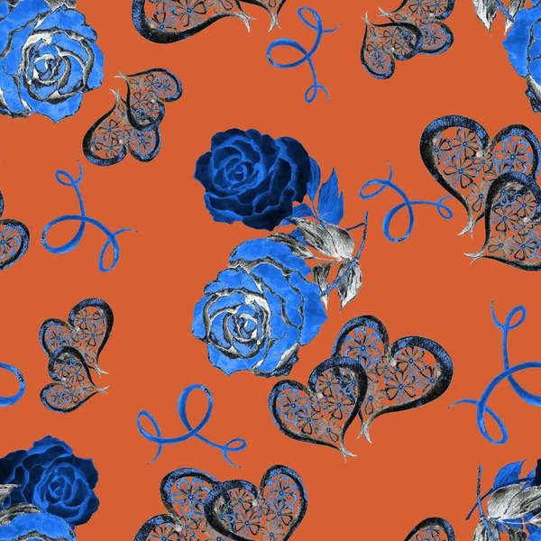 Υδατογραφία Αδιάλειπτη Μοτίβο Τριαντάφυλλα Και Διακοσμητικές Καρδιές Ωραίο Γαμήλιο Αποτύπωμα — Φωτογραφία Αρχείου