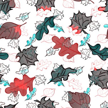 Suluboya yapraklı, soyut, pürüzsüz desen. Güzel, doğal sonbahar baskısı. Renkli el çizimi illüstrasyon.