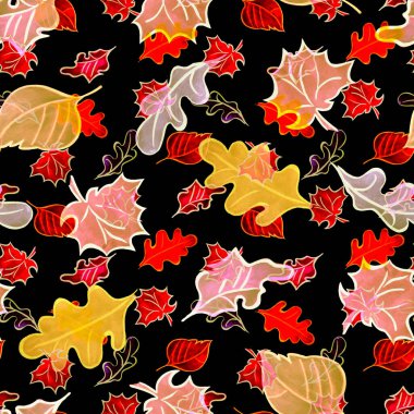 Suluboya yapraklı, soyut, pürüzsüz desen. Güzel, doğal sonbahar baskısı. Renkli el çizimi illüstrasyon.