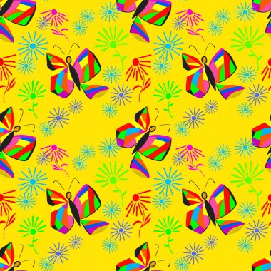 Soyut kelebeklerle dekoratif, pürüzsüz desen. Güzel bir yaz baskısı. Renkli yaratıcı desen.