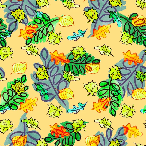 Abstract seamless pattern with watercolor leaves. Beautiful natural autumn print. Colorful hand drawn illustration.