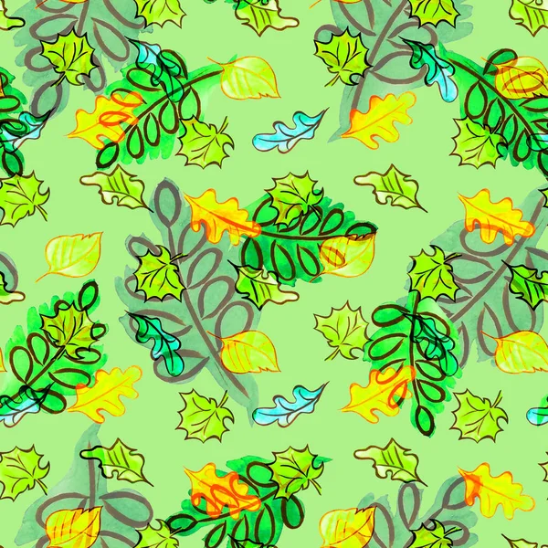 Abstract seamless pattern with watercolor leaves. Beautiful natural autumn print. Colorful hand drawn illustration.