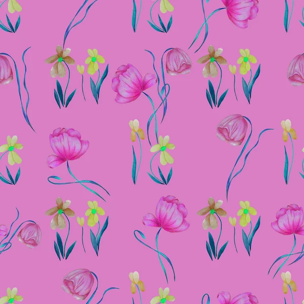 Kwiatowy Bezszwowy Wzór Akwarelowymi Kwiatami Kolorowe Tło Natury Piękny Letni — Zdjęcie stockowe