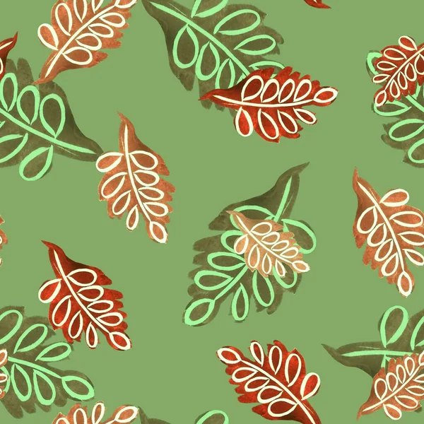 Abstract seamless pattern with watercolor leaves. Rowan. Beautiful natural autumn print. Colorful hand drawn illustration.