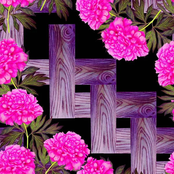 Цветочный Бесшовный Рисунок Цветущими Пионами Деревянной Стене Ботанический Цветочный Отпечаток — стоковое фото