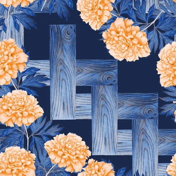 Флорал Безшовний Візерунок Квітучими Піньйонами Дерев Яній Стіні Ботанічна Кам — стокове фото