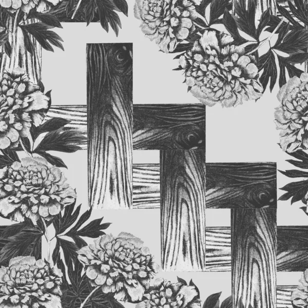 Floral seamless pattern with blooming peonies on wood wall. Botanic peony flower print. Crayon hand drawn illustration .