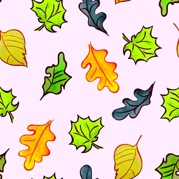 Abstract seamless pattern with watercolor leaves. Maple. Oaktree. Beautiful natural autumn print. Colorful hand drawn illustration.