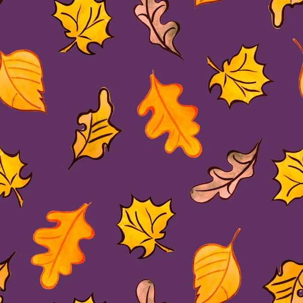水彩叶无缝图案 枫树橡树树 美丽的天然秋天印刷品 彩色手绘插图 — 图库照片