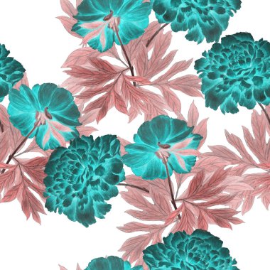 Çiçeksiz desenli, çiçek açan şakayıklar. Dekoratif botanik şakayık çiçek izi. El çizimi boya kalemi çizimi.