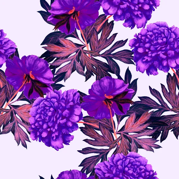 Bloemen Naadloos Patroon Met Prachtige Bloeiende Pioenen Decoratieve Botanische Peony — Stockfoto