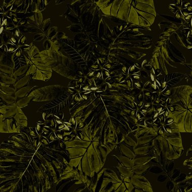 Hawaii çiçeksiz desenli suluboya tropikal yapraklar ve çiçekler. Egzotik Plumeria ve Heliconia. Elle çizilmiş egzotik bitkilerle güzel bir parmak izi..