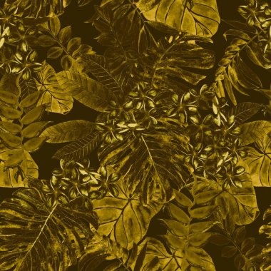 Hawaii çiçeksiz desenli suluboya tropikal yapraklar ve çiçekler. Egzotik Plumeria ve Heliconia. Elle çizilmiş egzotik bitkilerle güzel bir parmak izi..