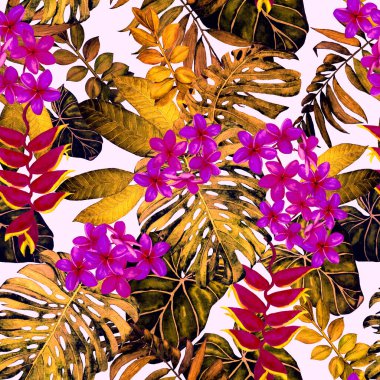 Hawaii çiçeksiz desenli suluboya tropikal yapraklar ve çiçekler. Egzotik Plumeria ve Heliconia. Elle çizilmiş egzotik bitkilerle güzel bir parmak izi..