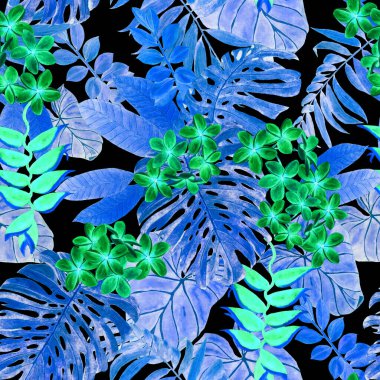 Hawaii çiçeksiz desenli suluboya tropikal yapraklar ve çiçekler. Egzotik Plumeria ve Heliconia. Elle çizilmiş egzotik bitkilerle güzel bir parmak izi..