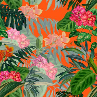 Hawaii çiçeksiz desenli suluboya tropikal yapraklar ve çiçekler. Egzotik Hibiscus ve Canna çiçekleri. Renkli el çizimi çizimi. Tropik yaz baskısı.
