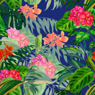 Hawaii çiçeksiz desenli suluboya tropikal yapraklar ve çiçekler. Egzotik Hibiscus ve Canna çiçekleri. Renkli el çizimi çizimi. Tropik yaz baskısı.
