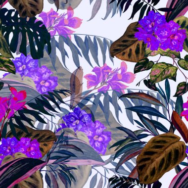 Hawaii çiçeksiz desenli suluboya tropikal yapraklar ve çiçekler. Egzotik Hibiscus ve Canna çiçekleri. Renkli el çizimi çizimi. Tropik yaz baskısı.