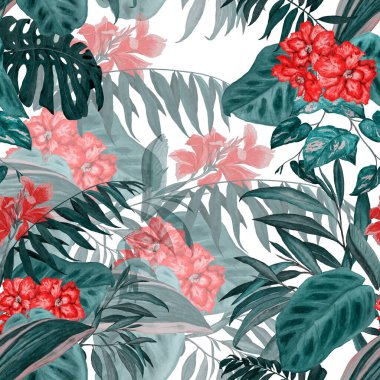 Hawaii çiçeksiz desenli suluboya tropikal yapraklar ve çiçekler. Egzotik Hibiscus ve Canna çiçekleri. Renkli el çizimi çizimi. Tropik yaz baskısı.