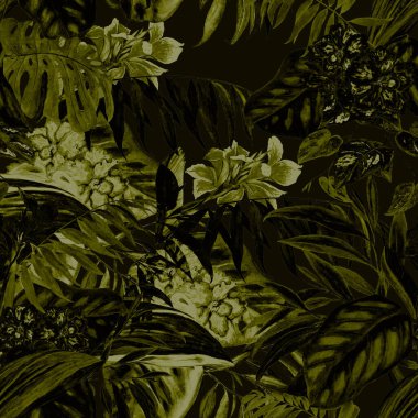 Hawaii çiçeksiz desenli suluboya tropikal yapraklar ve çiçekler. Egzotik Hibiscus ve Canna çiçekleri. Renkli el çizimi çizimi. Tropik yaz baskısı.