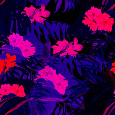 Hawaii çiçeksiz desenli suluboya tropikal yapraklar ve çiçekler. Egzotik Hibiscus ve Canna çiçekleri. Renkli el çizimi çizimi. Tropik yaz baskısı.