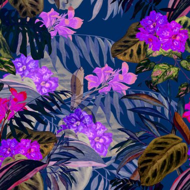 Hawaii çiçeksiz desenli suluboya tropikal yapraklar ve çiçekler. Egzotik Hibiscus ve Canna çiçekleri. Renkli el çizimi çizimi. Tropik yaz baskısı.