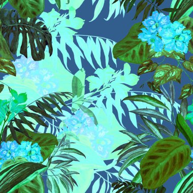 Hawaii çiçeksiz desenli suluboya tropikal yapraklar ve çiçekler. Egzotik Hibiscus ve Canna çiçekleri. Renkli el çizimi çizimi. Tropik yaz baskısı.