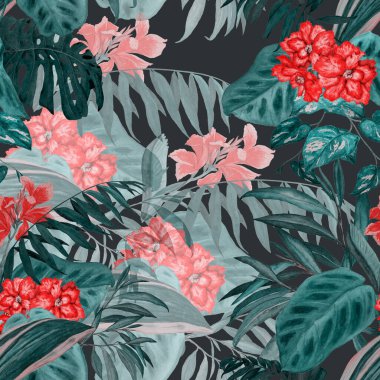 Hawaii çiçeksiz desenli suluboya tropikal yapraklar ve çiçekler. Egzotik Hibiscus ve Canna çiçekleri. Renkli el çizimi çizimi. Tropik yaz baskısı.