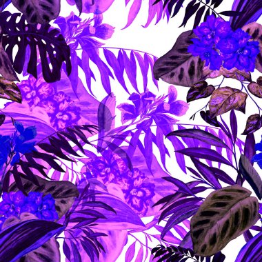 Hawaii çiçeksiz desenli suluboya tropikal yapraklar ve çiçekler. Egzotik Hibiscus ve Canna çiçekleri. Renkli el çizimi çizimi. Tropik yaz baskısı.