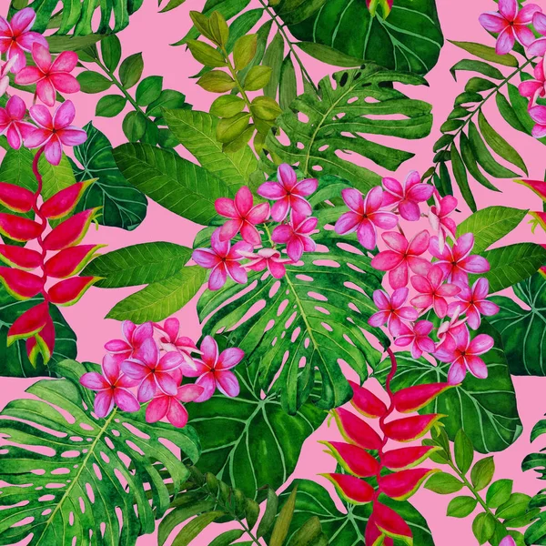 Hawaiian Floral Seamless Pattern Watercolor Tropical Leaves Flowers Exotic Plumeria — Stock Photo, Image