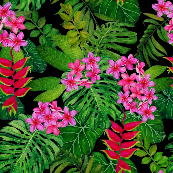 Hawaiian Floral Seamless Pattern Watercolor Tropical Leaves Flowers Exotic Plumeria — Stock Photo, Image