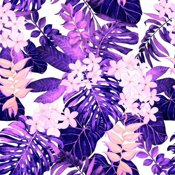 Hawaiian Floral Seamless Pattern Watercolor Tropical Leaves Flowers Exotic Plumeria — Stock Photo, Image