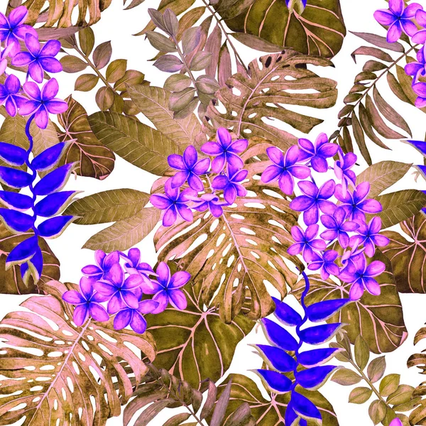 夏威夷植物无缝图案 水彩斑斓的热带叶和花 异国情调的Plumeria和Heliconia 用手绘异国情调的植物制成美丽的浮雕图案 — 图库照片