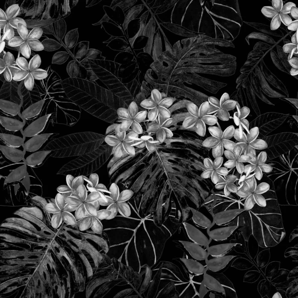 Hawaii çiçeksiz desenli suluboya tropikal yapraklar ve çiçekler. Egzotik Plumeria ve Heliconia. Elle çizilmiş egzotik bitkilerle güzel bir parmak izi..