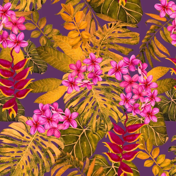 水彩熱帯の葉や花とハワイの花のシームレスなパターン エキゾチックなプルメリアとヘリコニア 美しい花のプリントとともに手描きエキゾチックな植物 — ストック写真