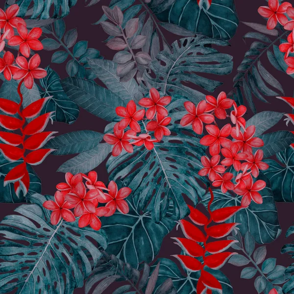 Motif Floral Hawaïen Sans Couture Avec Des Feuilles Des Fleurs — Photo