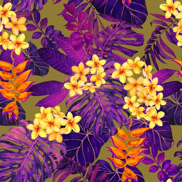 Motif Floral Hawaïen Sans Couture Avec Des Feuilles Des Fleurs — Photo